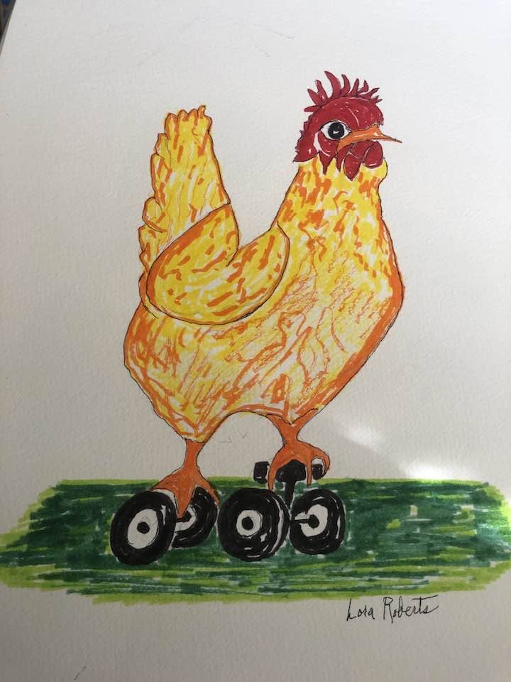 Hen on Wheels – Original Framed Watercolor